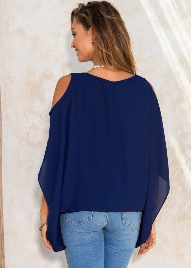 Navy tops,Plain Color tops,ROTITA Chiffon Cold Shoulder Ruffle Sleeve T Shirt