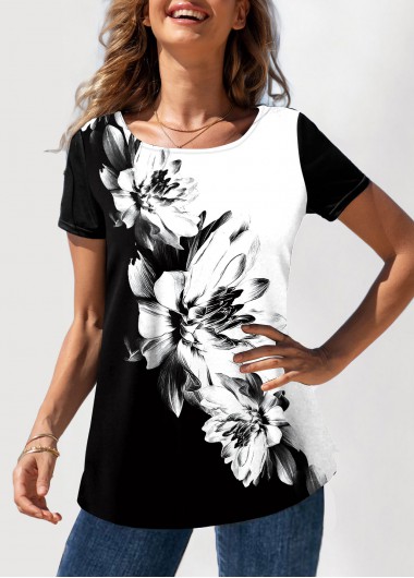 Multi Color tops,Floral tops,ROTITA Color Block Floral Print Round Neck T Shirt