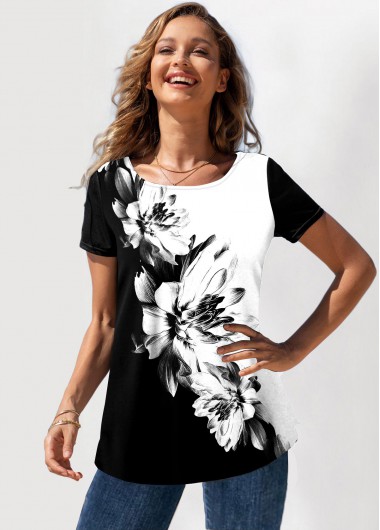 Multi Color tops,Floral tops,ROTITA Color Block Floral Print Round Neck T Shirt