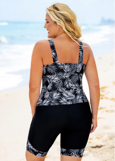 Black plus size,Plants plus size,ROTITA Leaf Print Plus Size Wide Strap Tankini Set