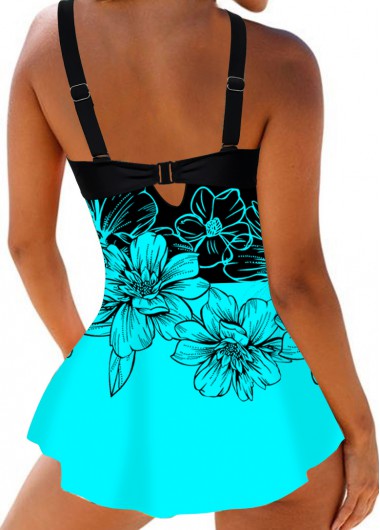 Cyan swimwear,Floral swimwear,ROTITA Asymmetric Hem Floral Print Swimdress and Panty