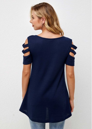 Navy tops,Plain Color tops,ROTITA Quarter Zip Cold Shoulder Short Sleeve T Shirt