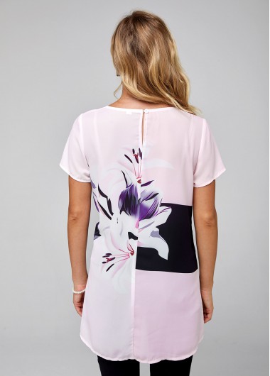 Pink tops,Floral tops,ROTITA Round Neck Floral Print Short Sleeve Blouse