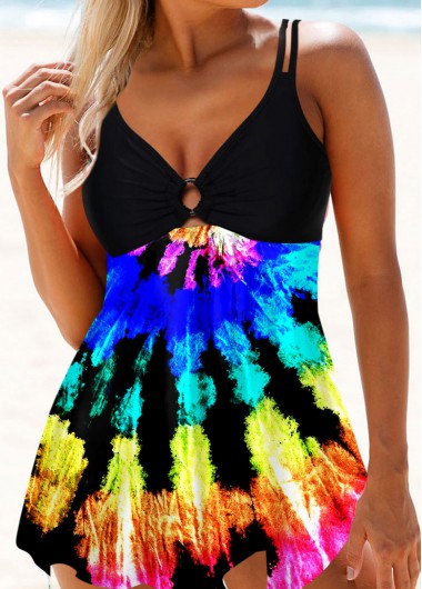 Multi Color swimwear,Tie Dye swimwear,ROTITA Asymmetric Hem Tie Dye Print Swimdress and Shorts