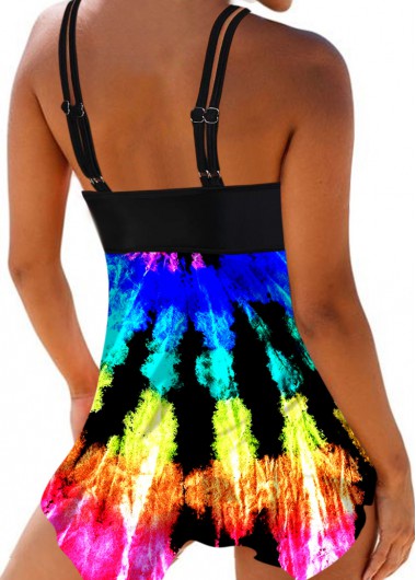 Multi Color swimwear,Tie Dye swimwear,ROTITA Asymmetric Hem Tie Dye Print Swimdress and Shorts
