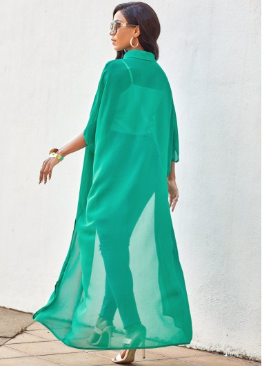 Blackish Green tops,Plain Color tops,ROTITA Turndown Collar Solid Three Quarters Sleeve Blouse