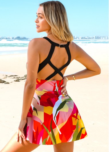 Multi Color swimwear,Floral swimwear,ROTITA Criss Cross Back Printed Multi Color Swimdress and Shorts