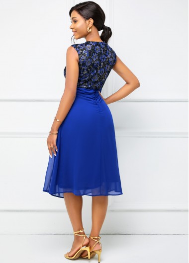 Royal Blue dresses,Floral dresses,ROTITA Lace Stitching Cap Sleeve Flounce Dress