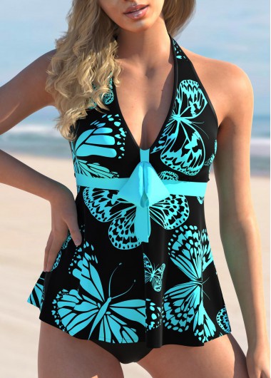 Cyan swimwear,Animal Print swimwear,ROTITA Halter Butterfly Print Bowknot Tankini Set