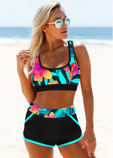 Multi Color swimwear,Floral swimwear,High Waisted Floral Print Wide Strap Bikini Set 
