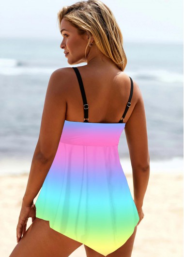 Multi Color swimwear,Dazzle Colorful swimwear,ROTITA Ombre Colorful Asymmetric Hem Swimdress and Panty