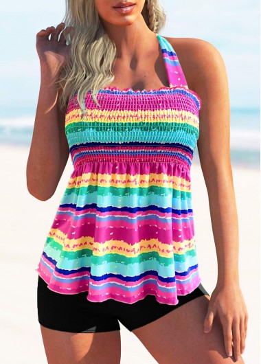 Tie Back Rainbow Stripe Shirred Tankini Set