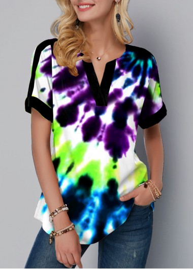 Multi Color tops,Tie Dye tops,ROTITA Split Neck Tie Dye Print Short Sleeve Blouse