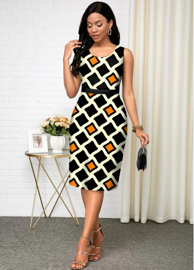 Multi Color dresses,Geometric dresses,ROTITA Sleeveless Geometric Print Round Neck Dress