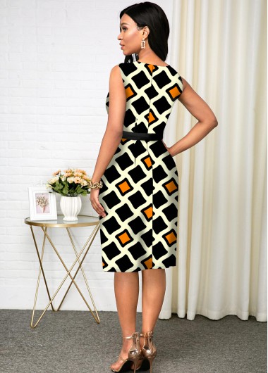 Multi Color dresses,Geometric dresses,ROTITA Sleeveless Geometric Print Round Neck Dress