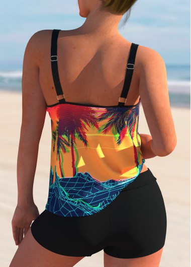 Multi Color swimwear,Graphic swimwear,ROTITA Colorful Scape Print Spaghetti Strap Tankini Set 