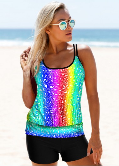 Multi Color swimwear,Dazzle Colorful swimwear,ROTITA Spaghetti Strap Colorful Printed Tankini Set 