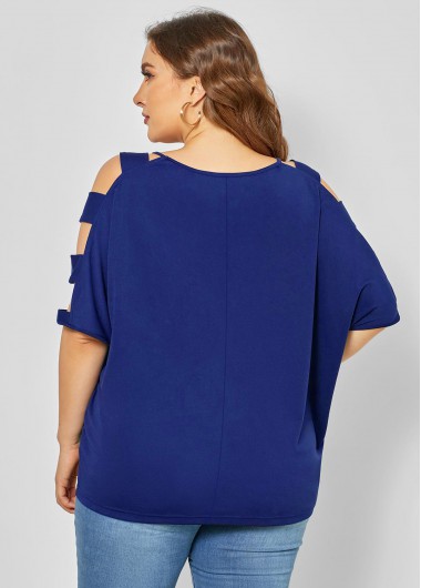 Blue plus size,Plain Color plus size,ROTITA Ladder Cutout Plus Size Cross Strap T Shirt