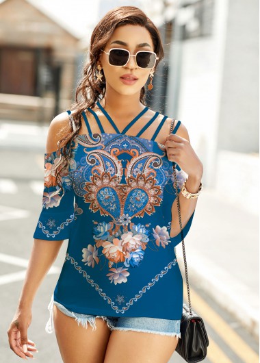 Blue tops,Paisley tops,ROTITA Spaghetti Strap Paisley Print 3/4 Sleeve T Shirt