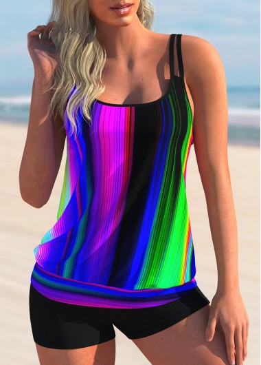 Multi Color swimwear,Dazzle Colorful swimwear,ROTITA Spaghetti Strap Colorful Printed Tankini Set 