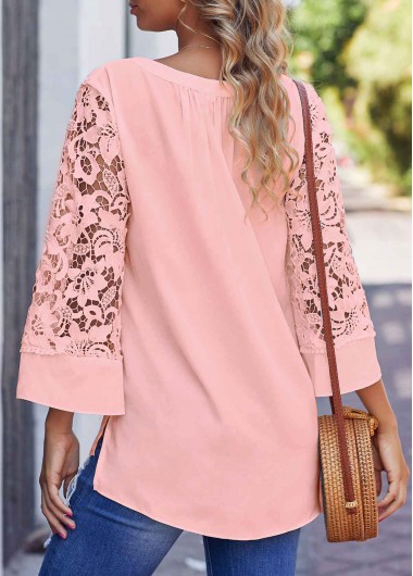 Pink tops,Plain Color tops,ROTITA Lace Stitching Pink Split Neck Blouse