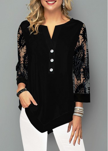 Black tops,Plain Color tops,ROTITA Lace Stitching Asymmetric Hem Split Neck Blouse