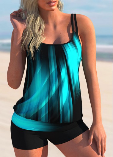 Cyan swimwear,Ombre swimwear,ROTITA Double Straps Ombre Printed Tankini Set 