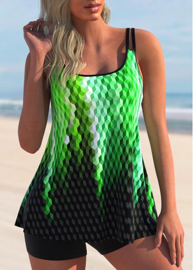 Green swimwear,Geometric swimwear,ROTITA Ombre Geometric Print Double Straps Tankini Set 
