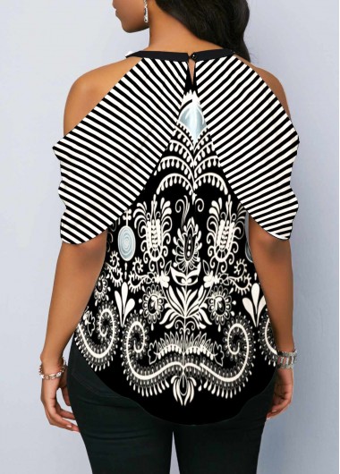 Multi Color tops,Paisley tops,ROTITA Cashews Print Cold Shoulder Bowknot Blouse