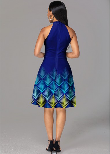 Blue dresses,Geometric dresses,ROTITA Geometric Print Sleeveless Bib Neck Dress
