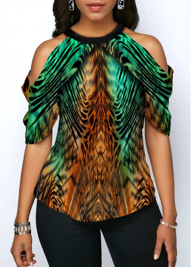 Multi Color tops,Animal Print tops,ROTITA Animal Print Cold Shoulder Half Sleeve Blouse