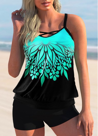 Cyan swimwear,Floral swimwear,ROTITA Ombre Floral Print Cross Strap Tankini Set 