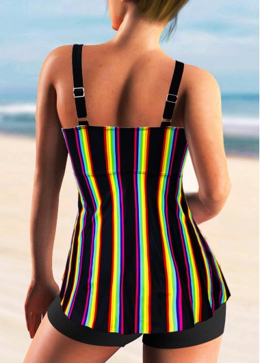 Black swimwear,Striped swimwear,Spaghetti Strap Rainbow Stripe Cross Front Tankini Set 
