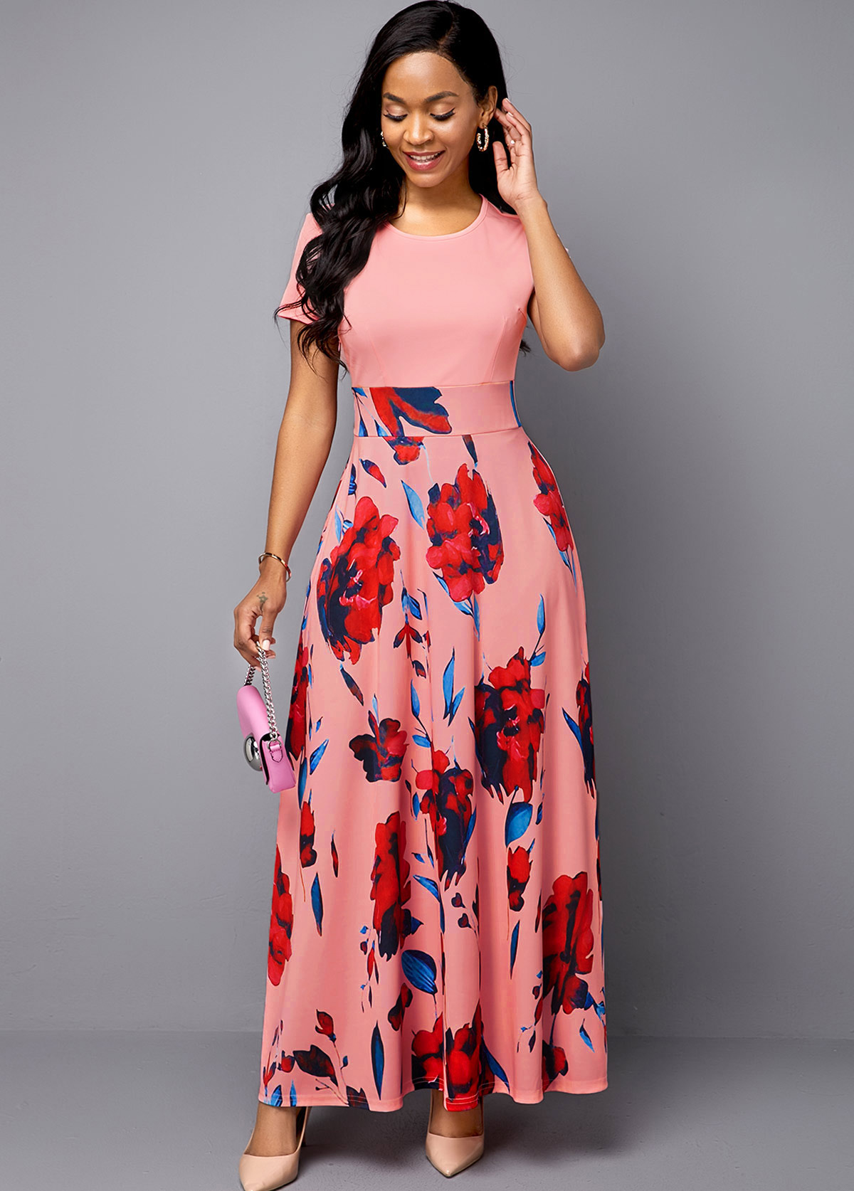 ROTITA Short Sleeve Pink Flower Print Midi Dress