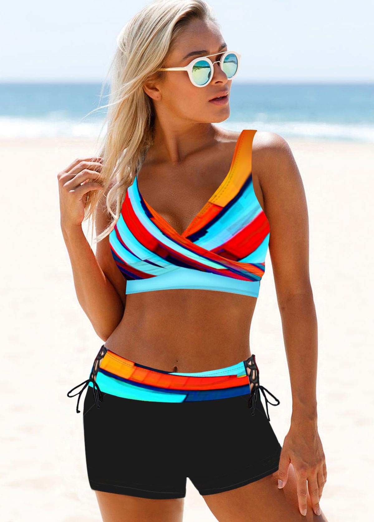 Cyan swimwear,Striped swimwear,Geometric swimwear,ROTITA Lace Up Cyan Striped Mid Waisted Bikini Set