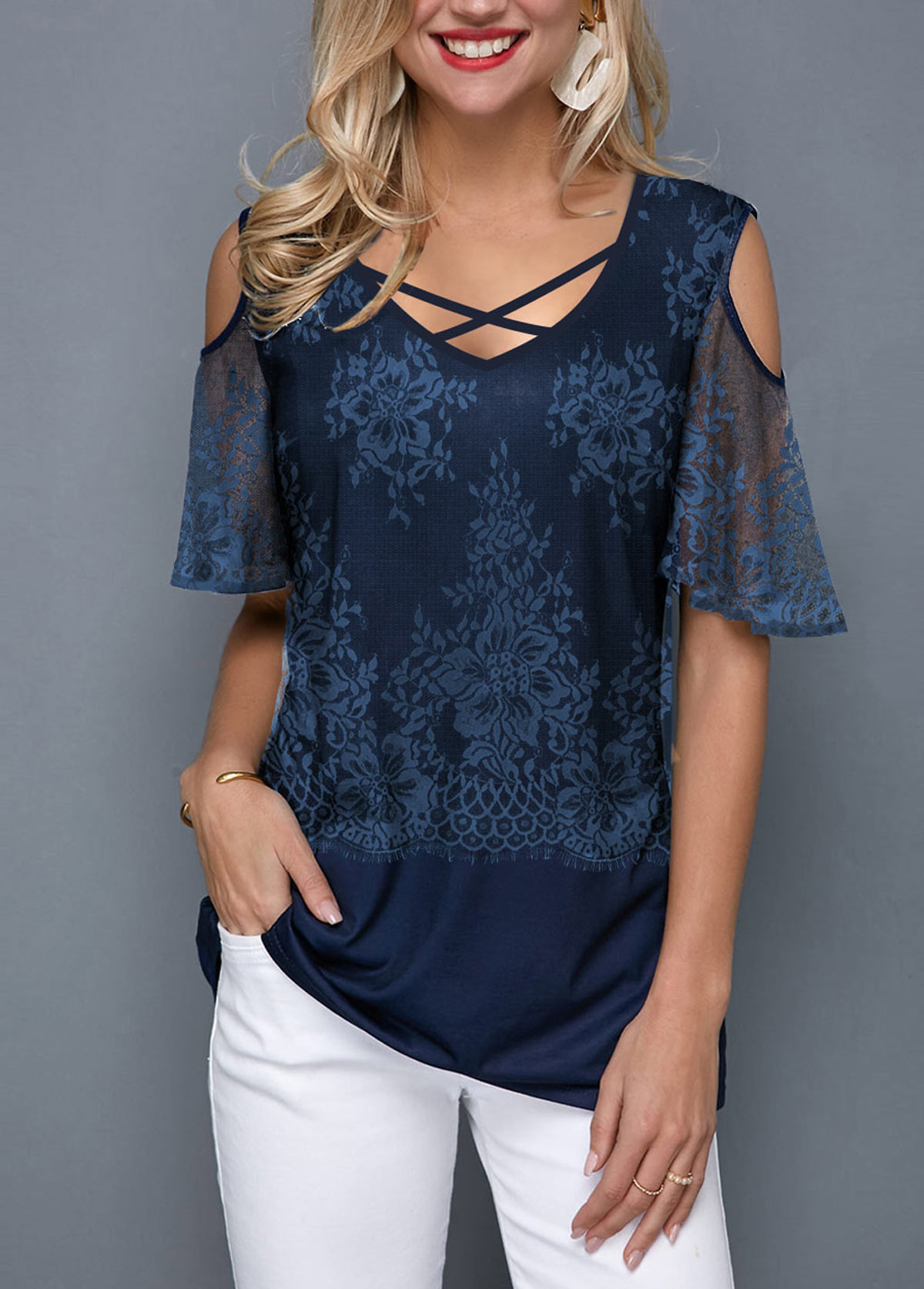 ROTITA Cold Shoulder Cross Strap Lace Panel T Shirt