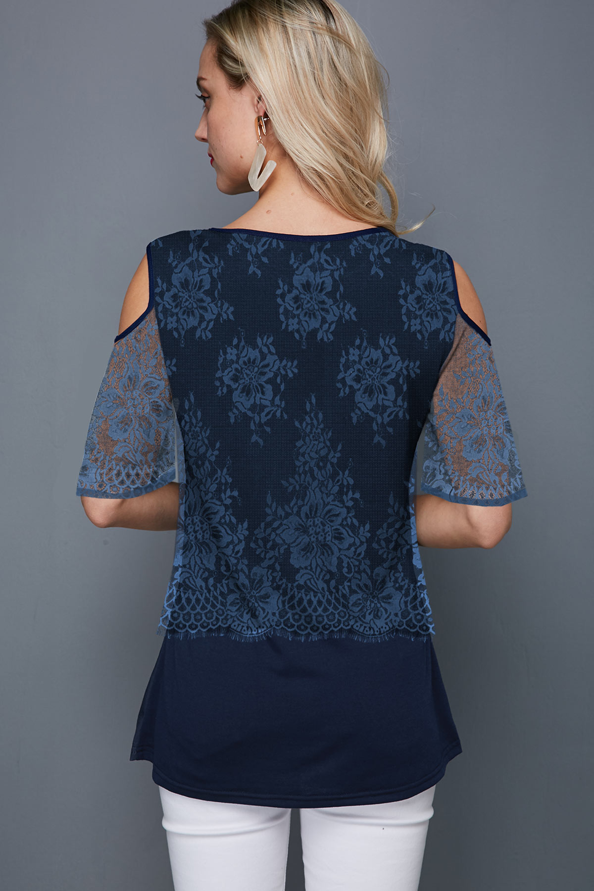 Navy tops,Plain Color tops,ROTITA Cold Shoulder Cross Strap Lace Panel T Shirt