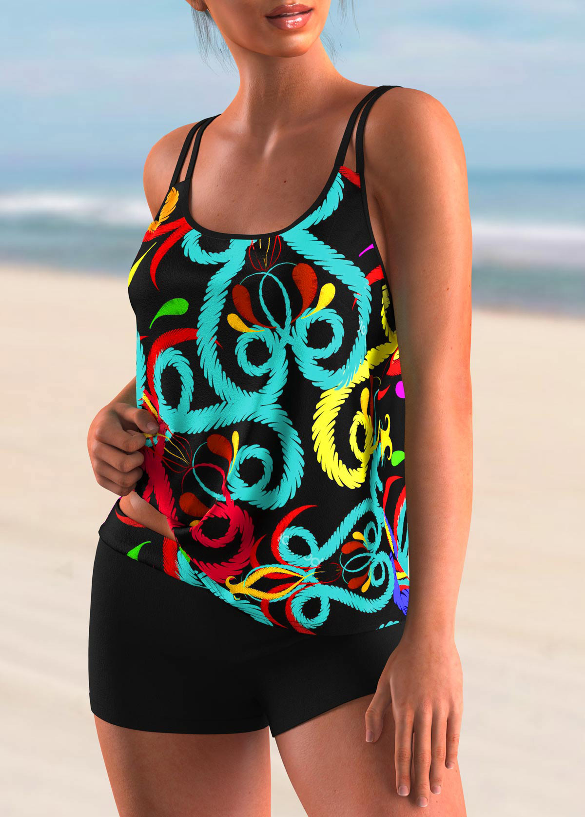 Multi Color swimwear,Dazzle Colorful swimwear,ROTITA Spaghetti Strap Colorful Printed Tankini Set