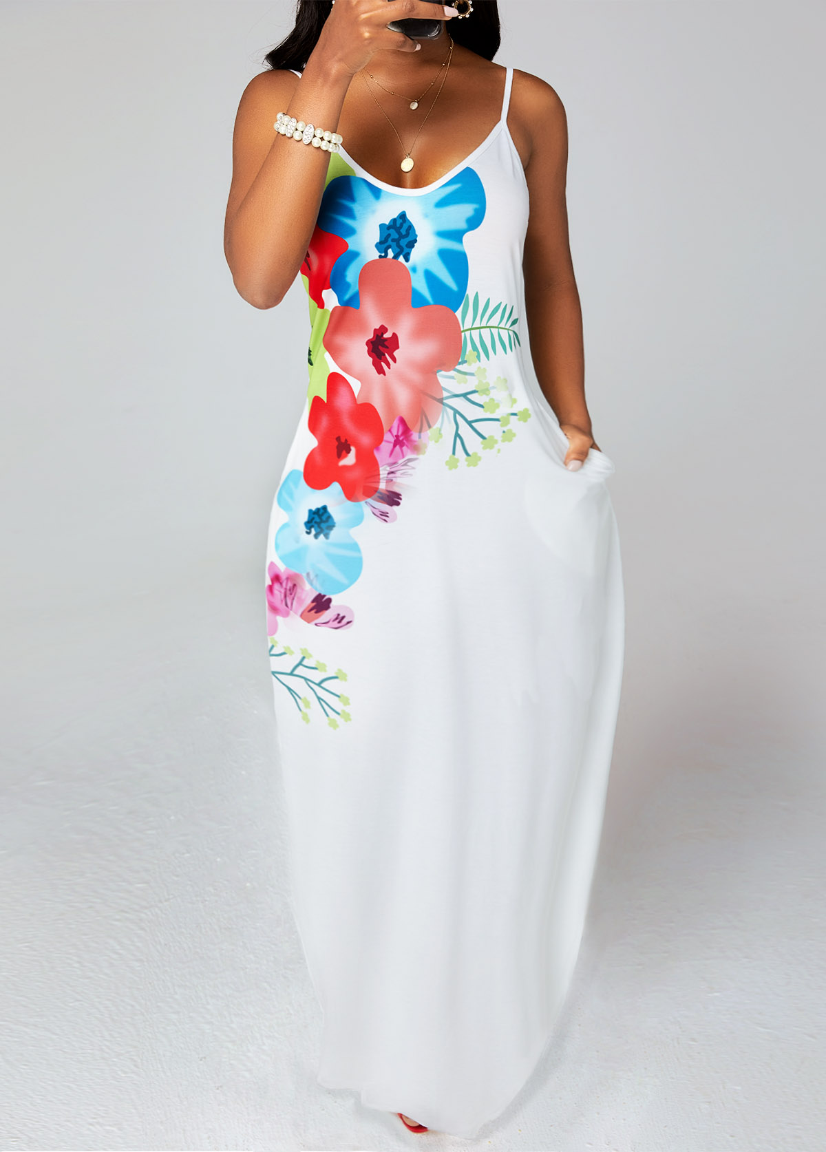 ROTITA Floral Print Spaghetti Strap Pocket Dress