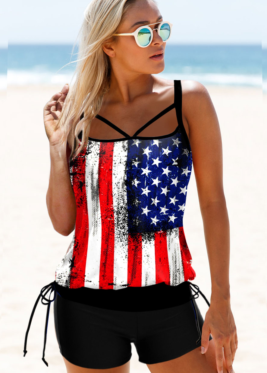 Blue swimwear,Flag swimwear,ROTITA Tie Side American Flag Print Tankini Set