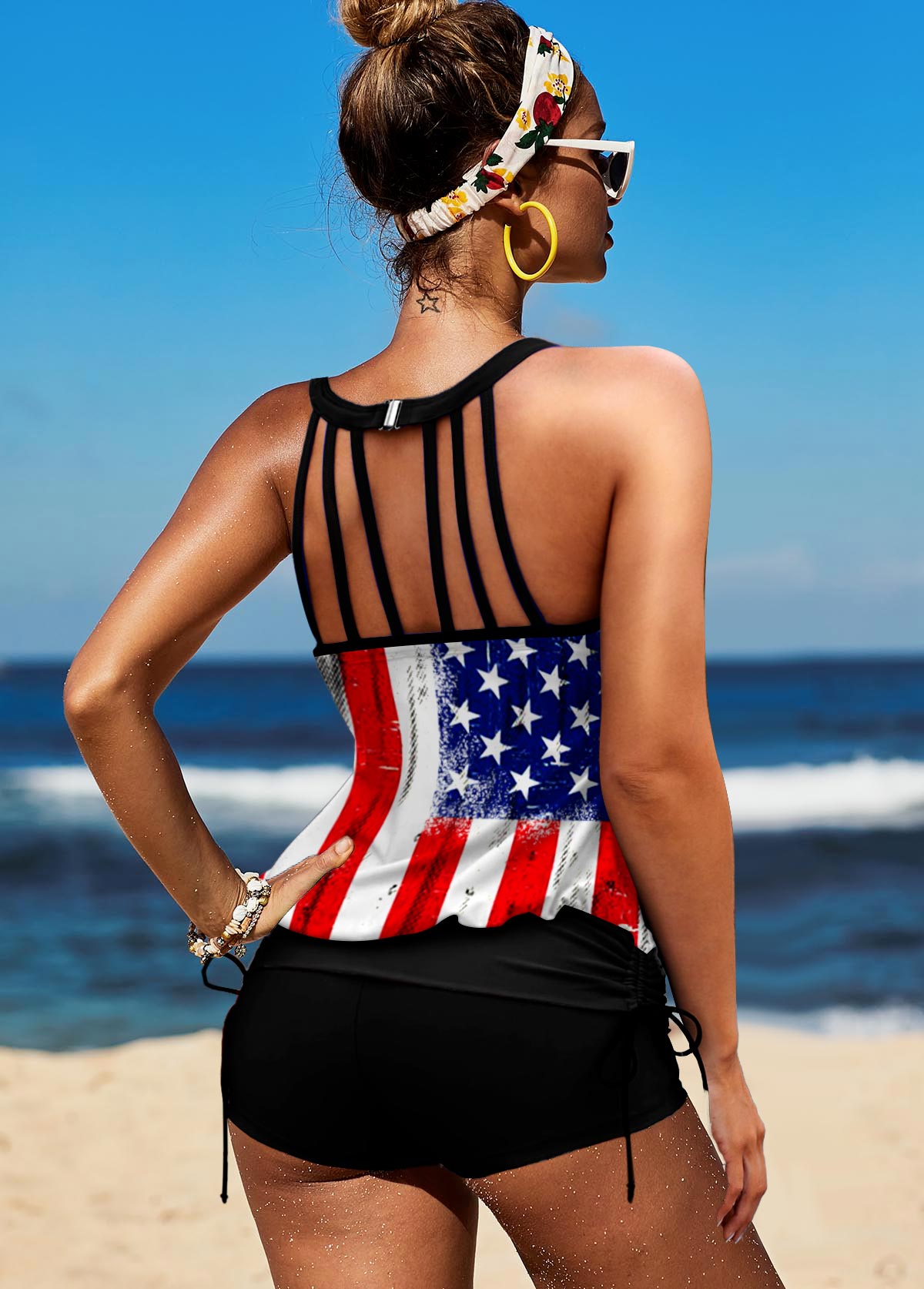 Blue swimwear,Flag swimwear,ROTITA Tie Side American Flag Print Tankini Set