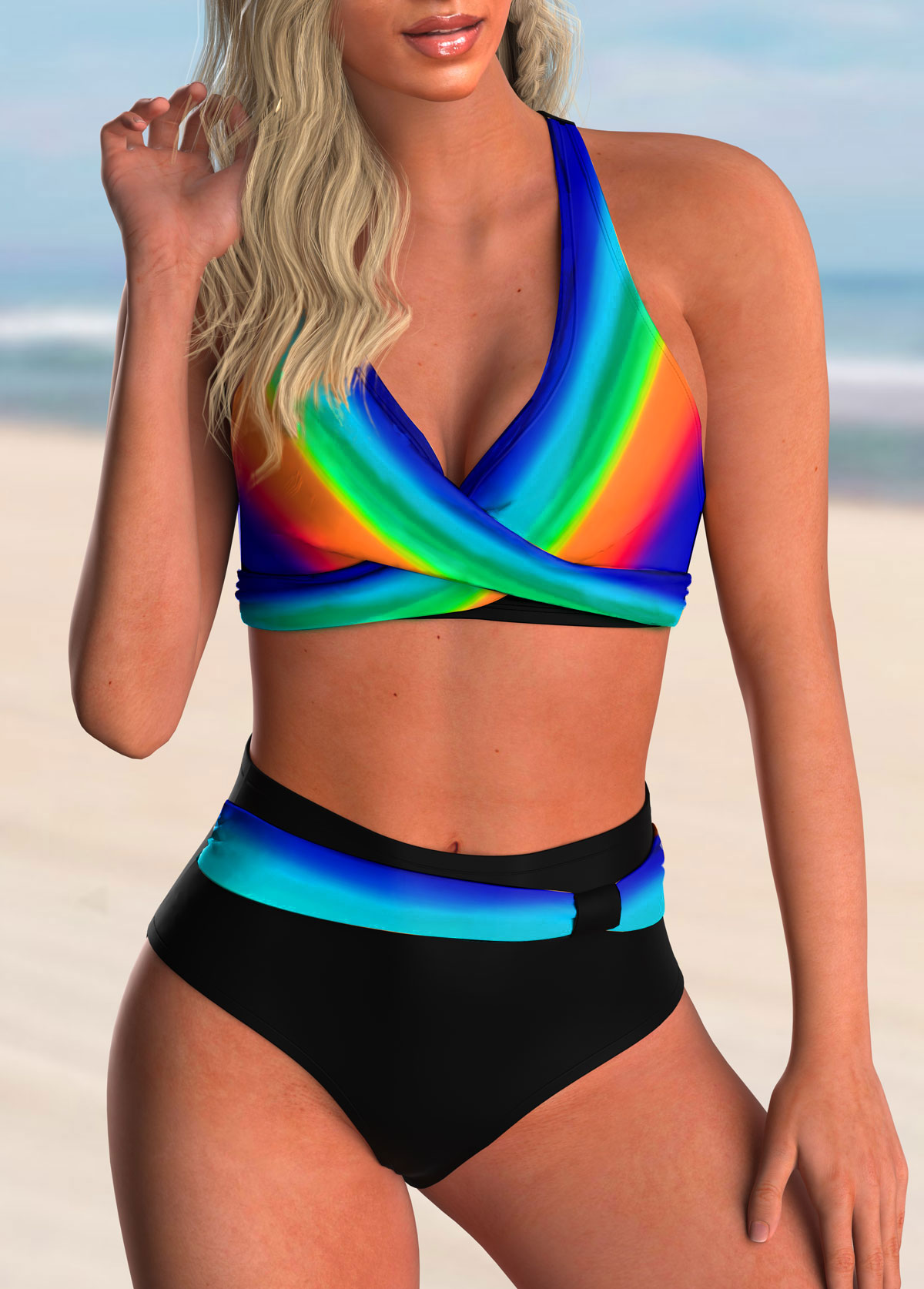 ROTITA Cross Front High Waisted Rainbow Color Bikini Set
