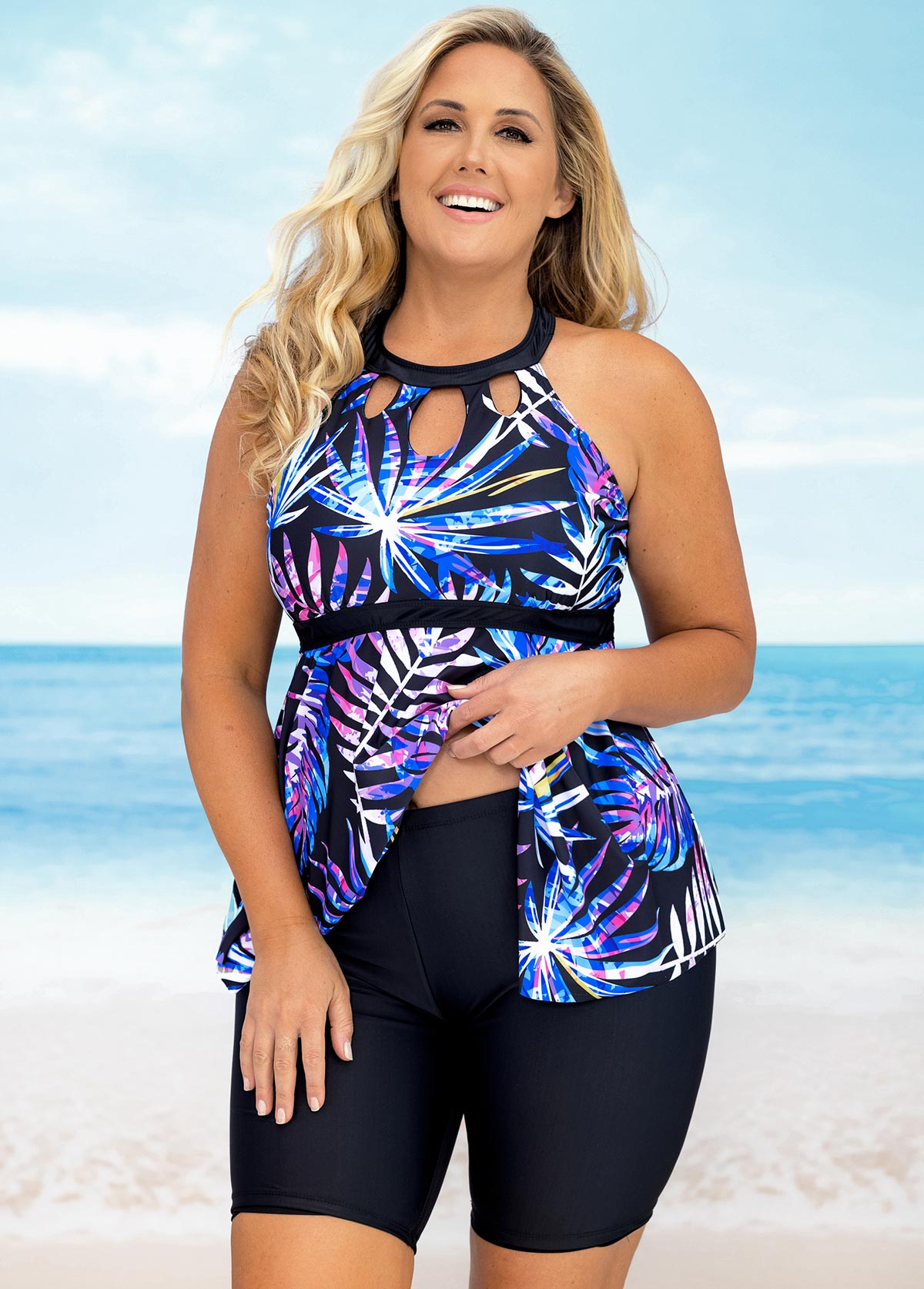 Multi Color plus size,Plants plus size,ROTITA Leaf Print Asymmetric Hem Plus Size Tankini Set 