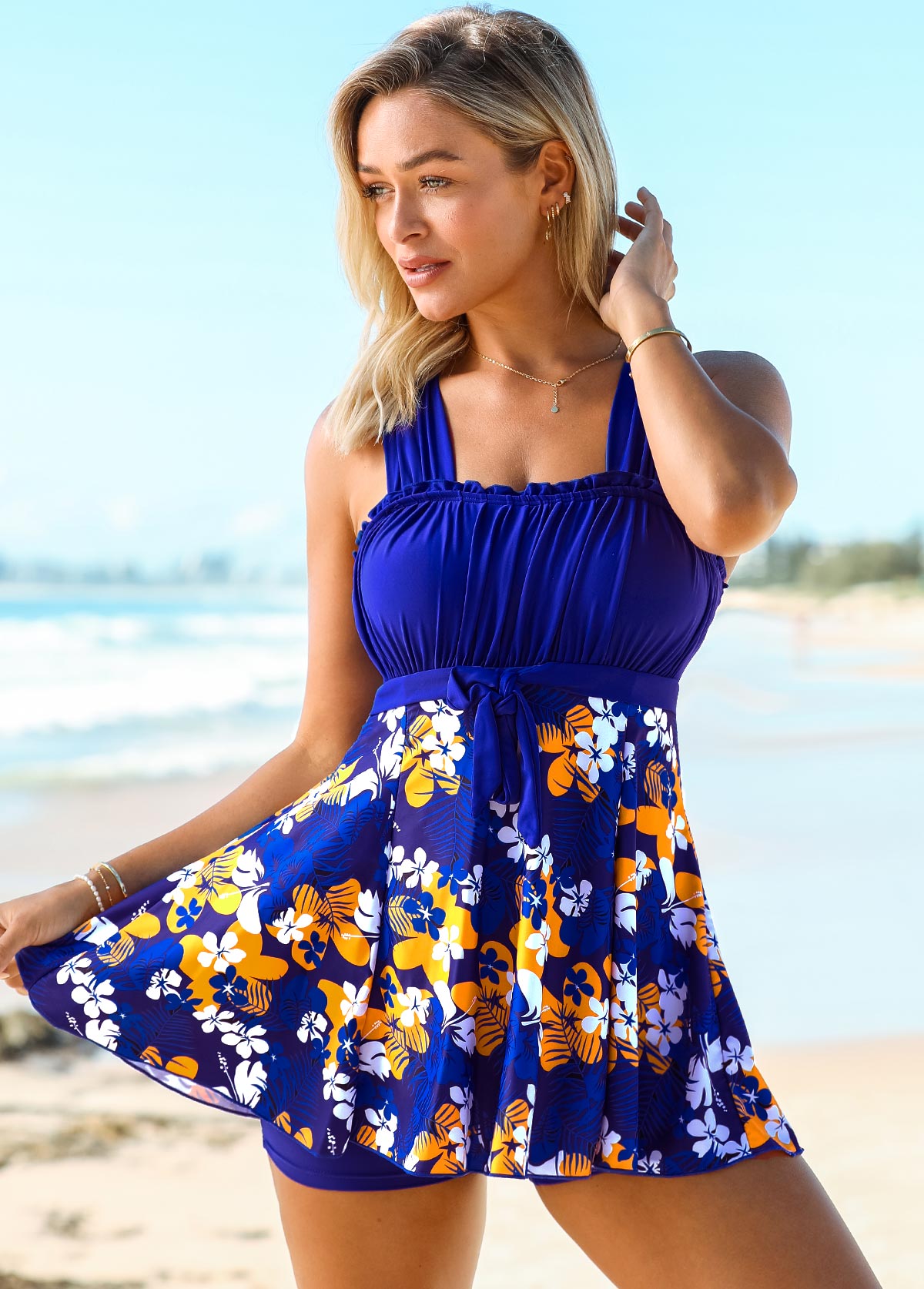 ROTITA Wide Strap Floral Print Tie Front Swimdress and Shorts