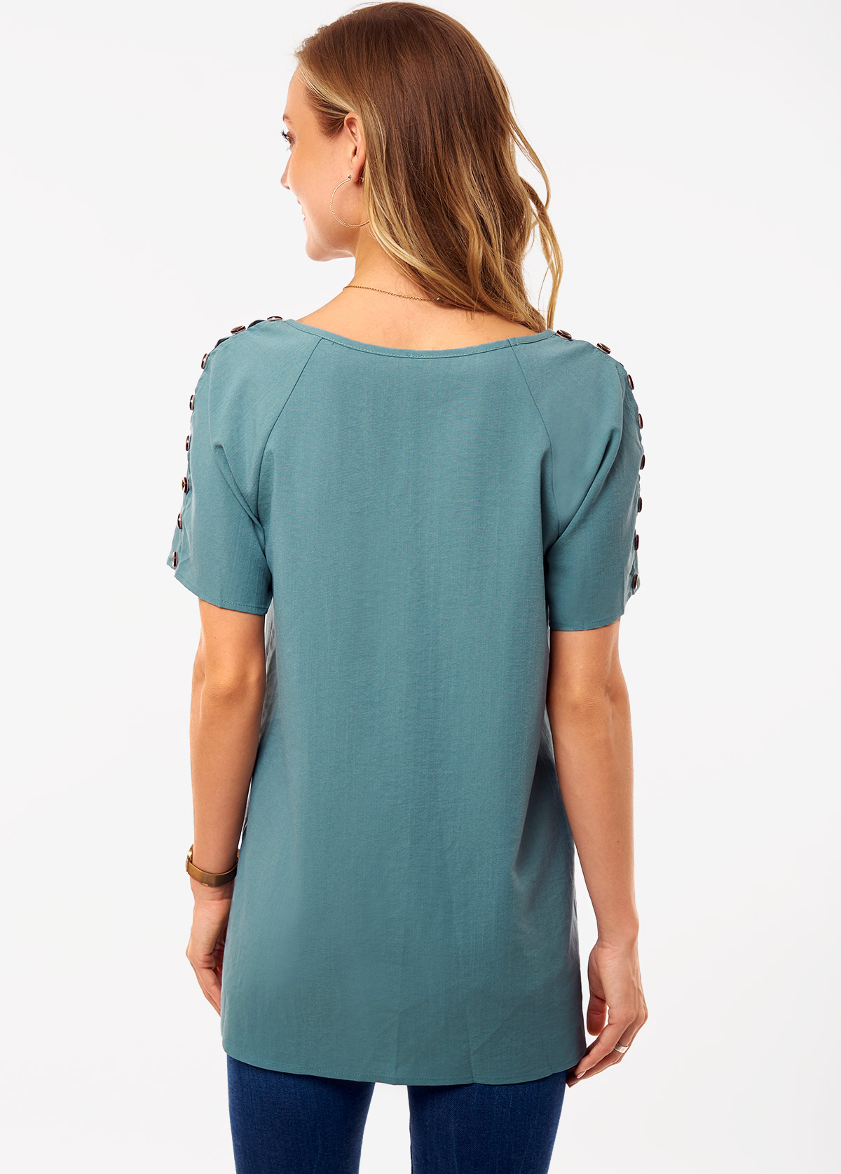 Green tops,Plain Color tops,ROTITA V Neck Button Detail Short Sleeve Blouse