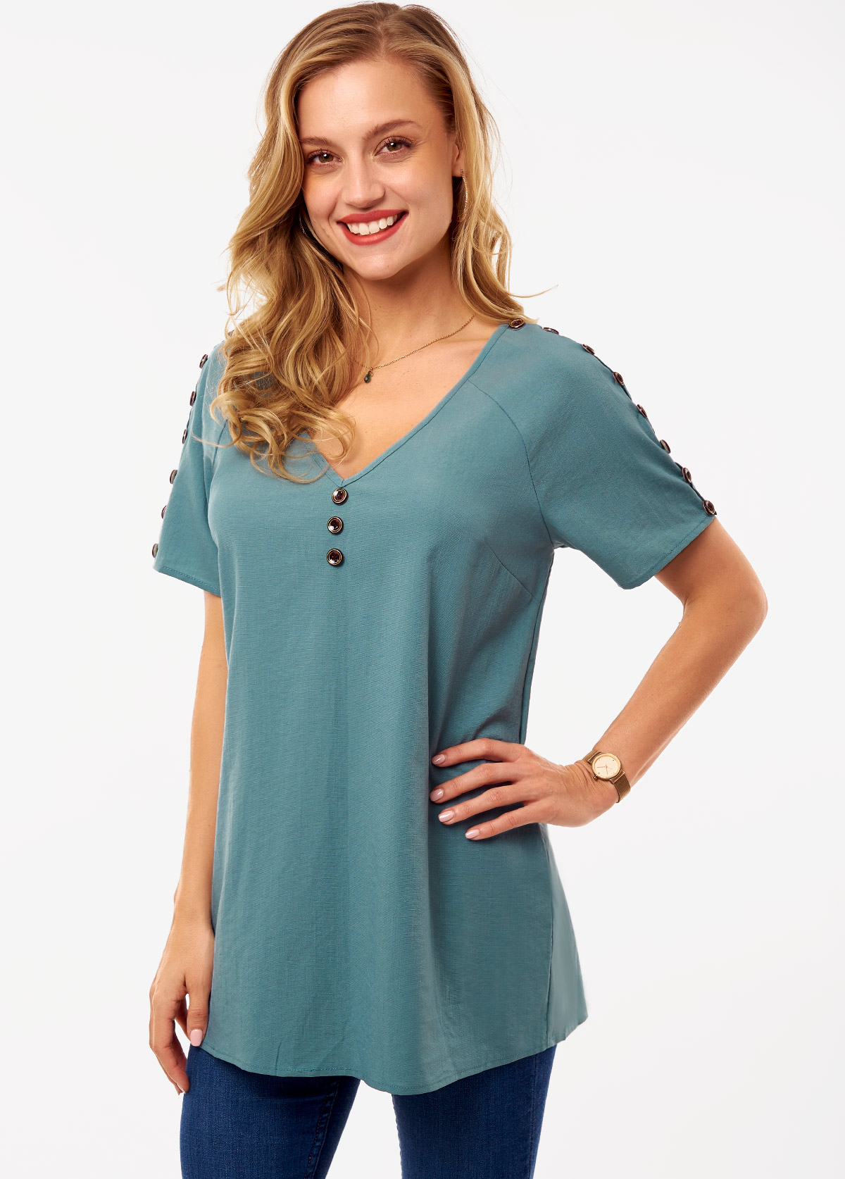 Green tops,Plain Color tops,ROTITA V Neck Button Detail Short Sleeve Blouse