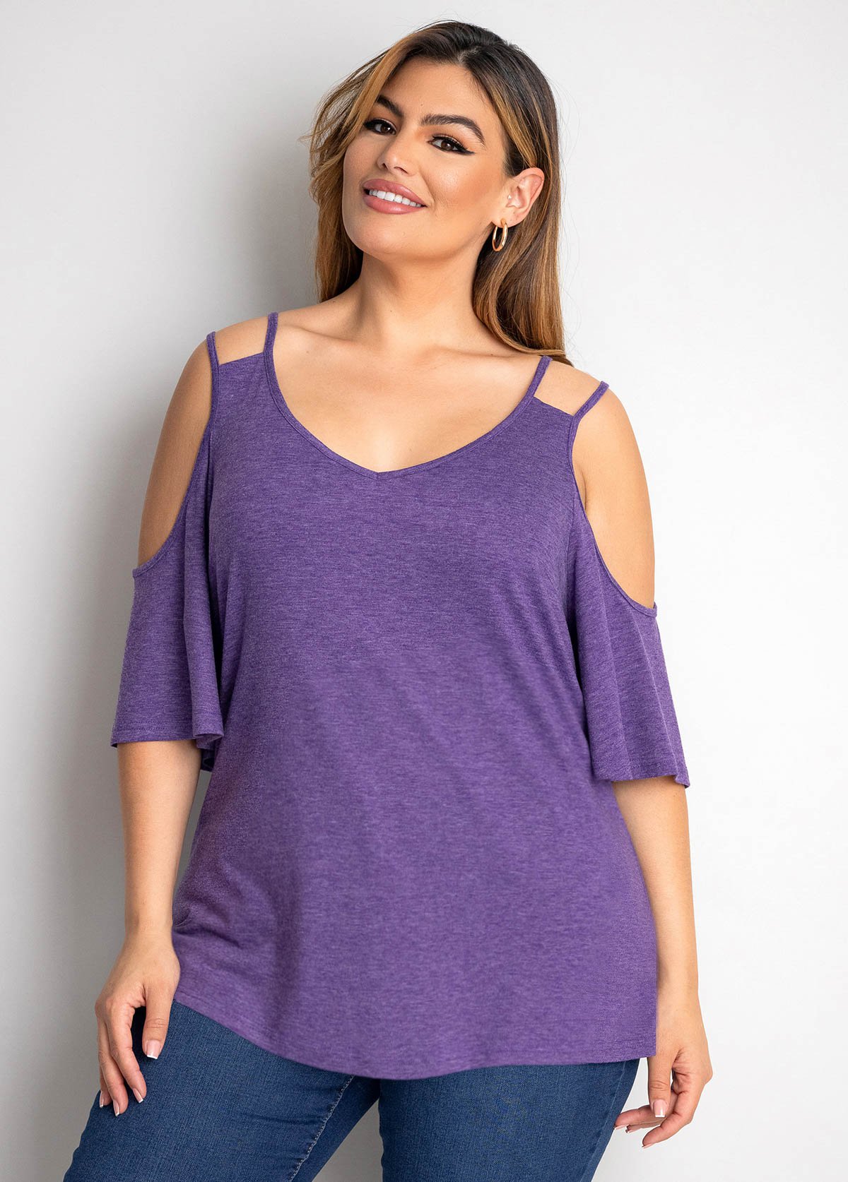 Dusty Purple plus size,Plain Color plus size,ROTITA Plus Size Cold Shoulder Solid T Shirt