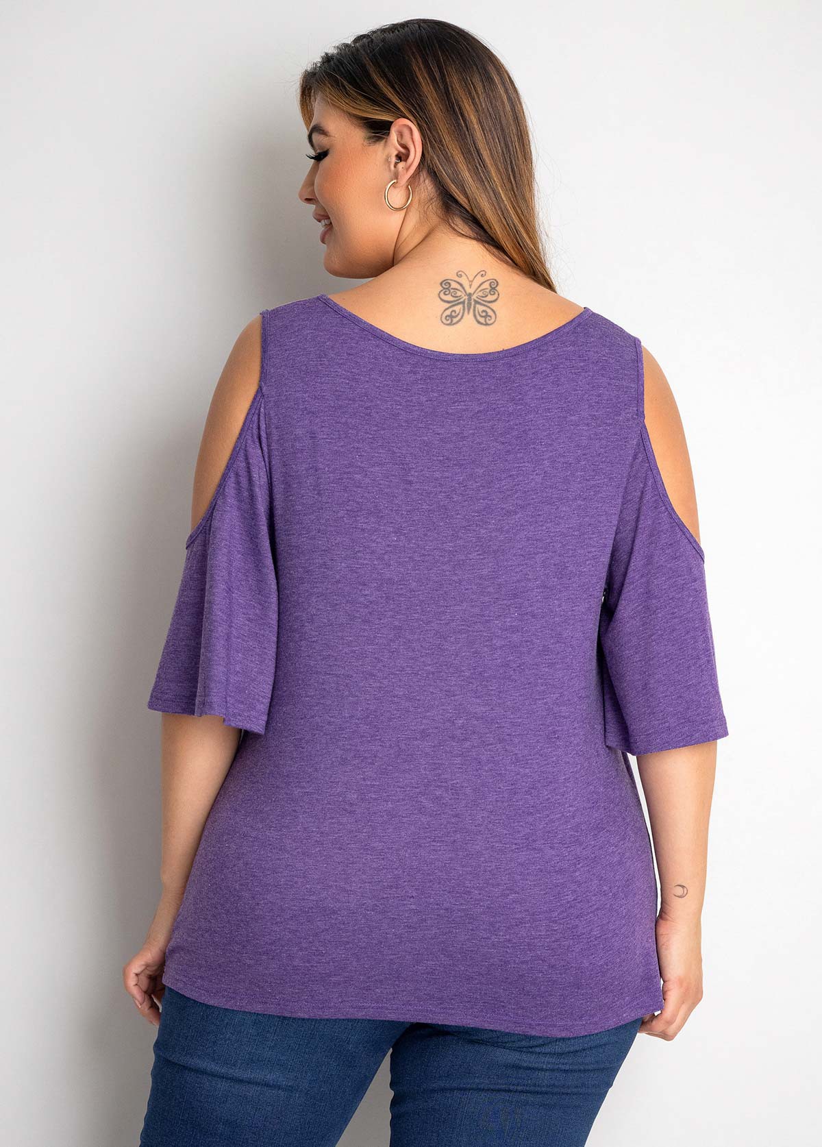 Dusty Purple plus size,Plain Color plus size,ROTITA Plus Size Cold Shoulder Solid T Shirt