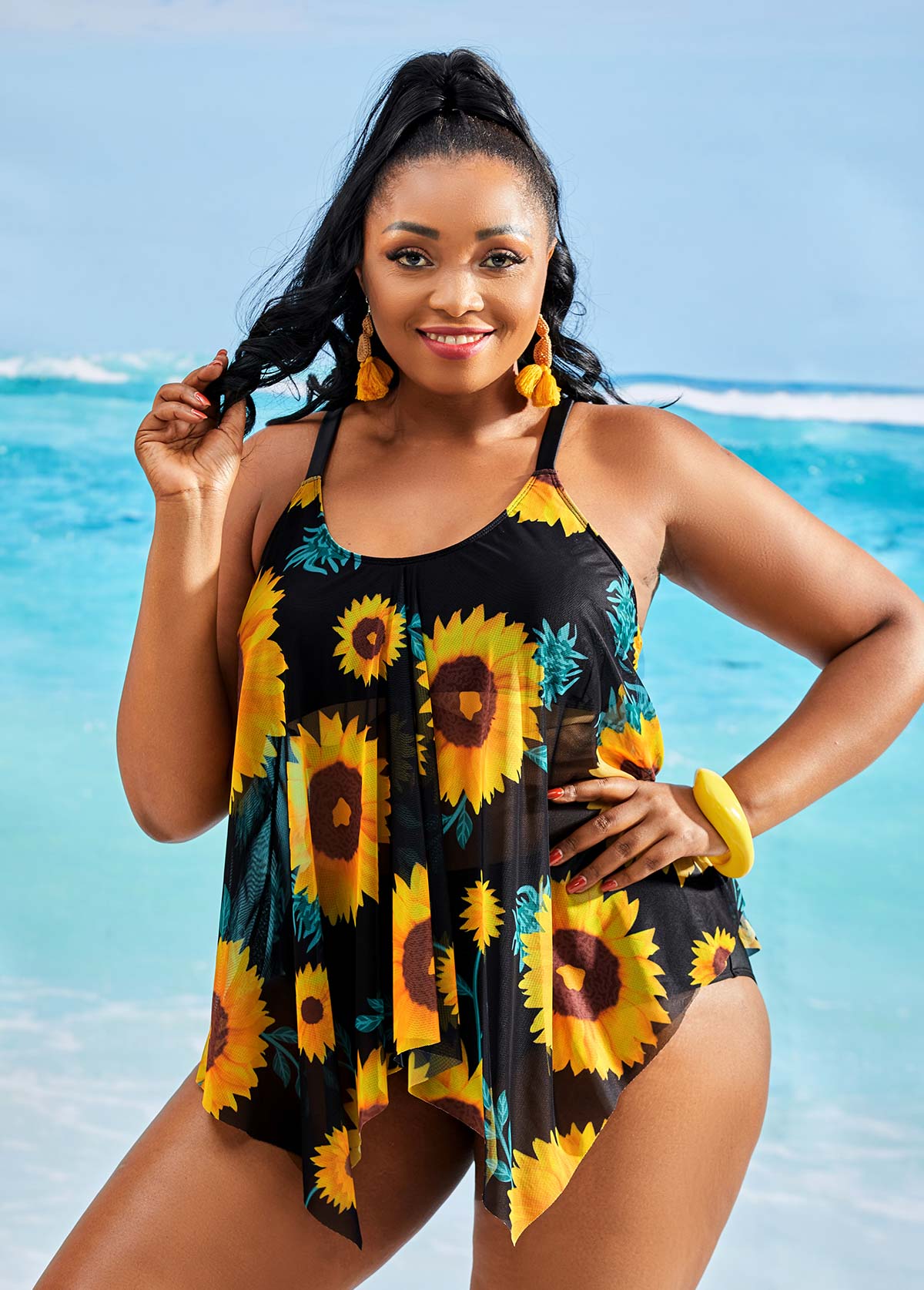 Yellow plus size,Plants plus size,ROTITA Sunflower Print Asymmetric Hem Plus Size Tankini Set