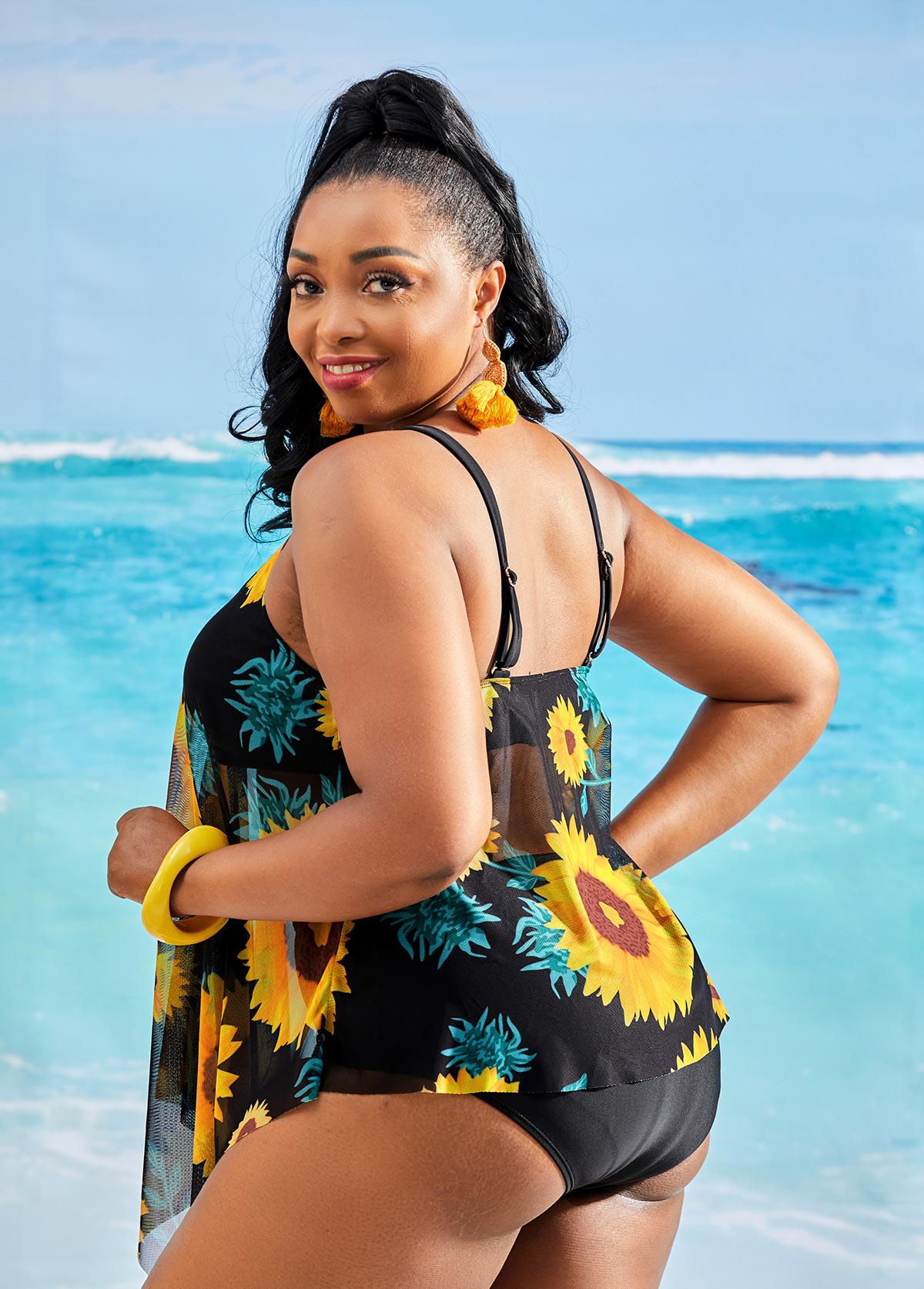 Yellow plus size,Plants plus size,ROTITA Sunflower Print Asymmetric Hem Plus Size Tankini Set